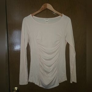 Sundance Shirt Womens s cream Cotton Stretch 3/4 Sleeve Round Neck Ruched Front